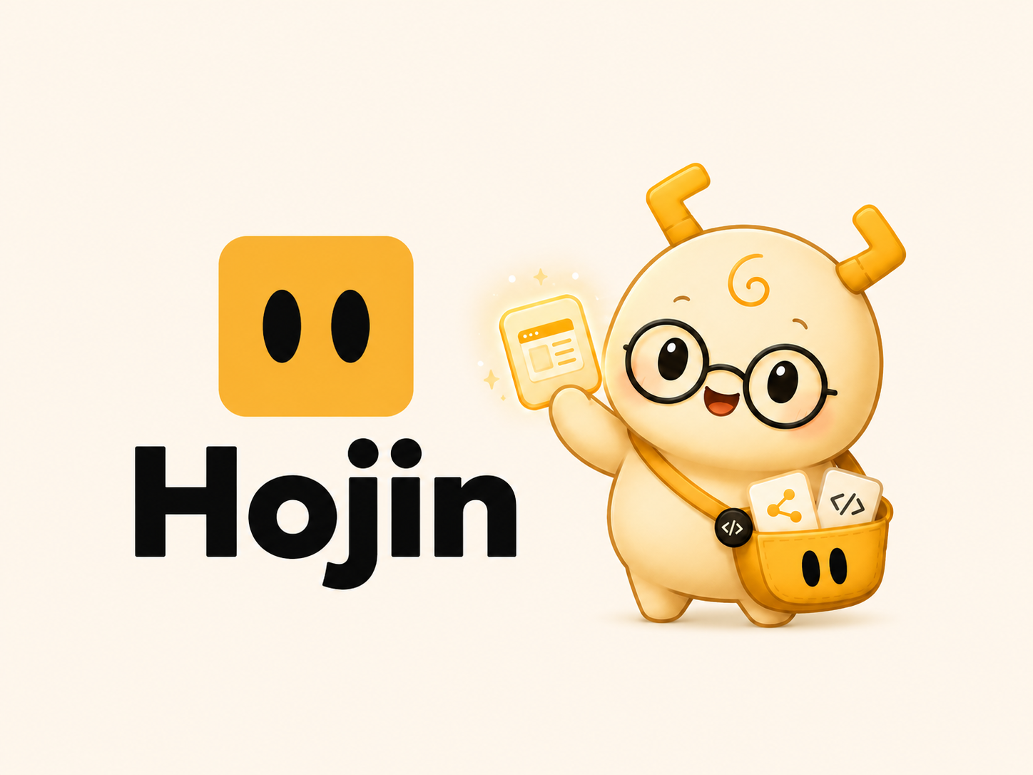 Hojin 캐릭터 히어로 이미지 - 웹페이지 카드를 들고 있는 마스코트와 로고