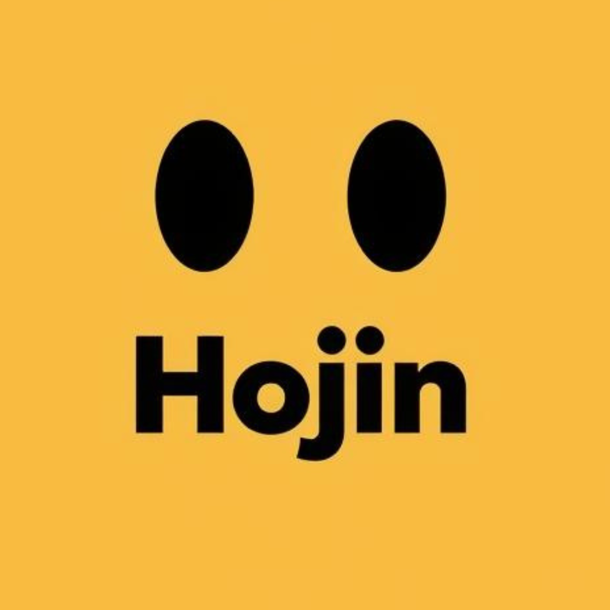 Hojin 심볼 로고 - 노란 사각형 안에 눈 모양 두 개와 Hojin 글자